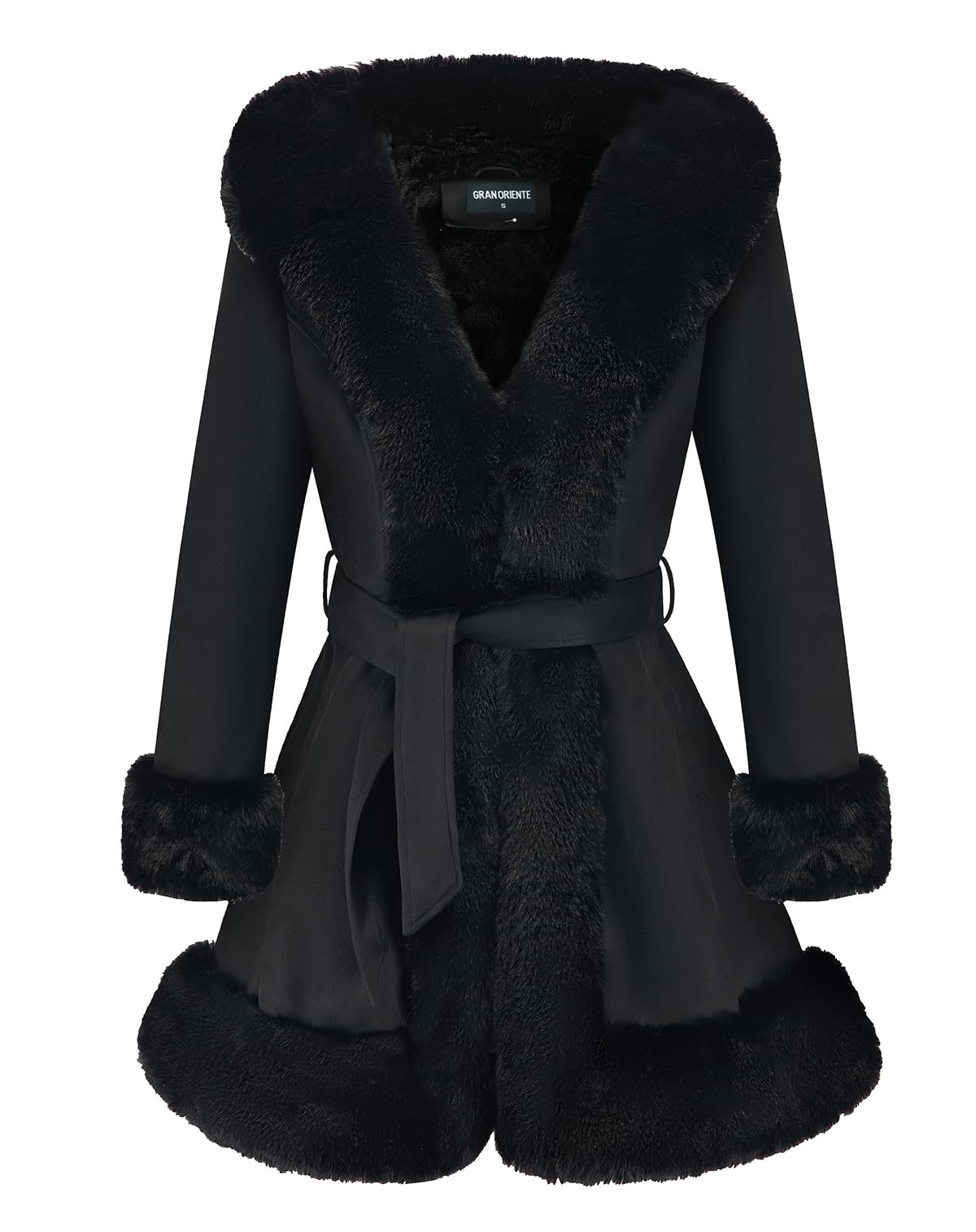 GRAN ORIENTE Black Suede Jacket for Women with Faux Fur CollarLong Sleeve Warm Winter Parka Coat with Belt Outerwear(056 Black L)