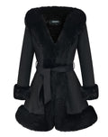GRAN ORIENTE Black Suede Jacket for Women with Faux Fur CollarLong Sleeve Warm Winter Parka Coat with Belt Outerwear(056 Black L)