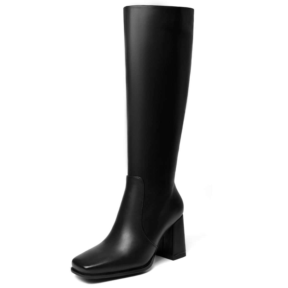 HEIFIN Black Knee High Boots Women Tall Boots with Chunky Heel Faux Leathe Boots Square Toe Long Boots Side Zipper
