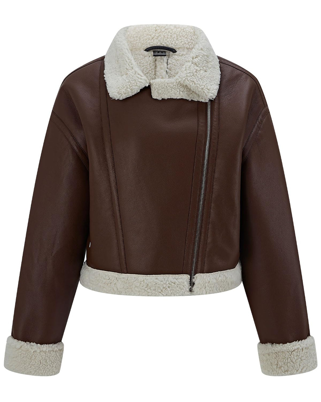 WYOYW Women Faux Fur Leather Jacket Loose Sherpa Leather Jacket Cropped Fur Lined Shearing Coat Brown XL