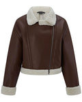 WYOYW Women Faux Fur Leather Jacket Loose Sherpa Leather Jacket Cropped Fur Lined Shearing Coat Brown XL