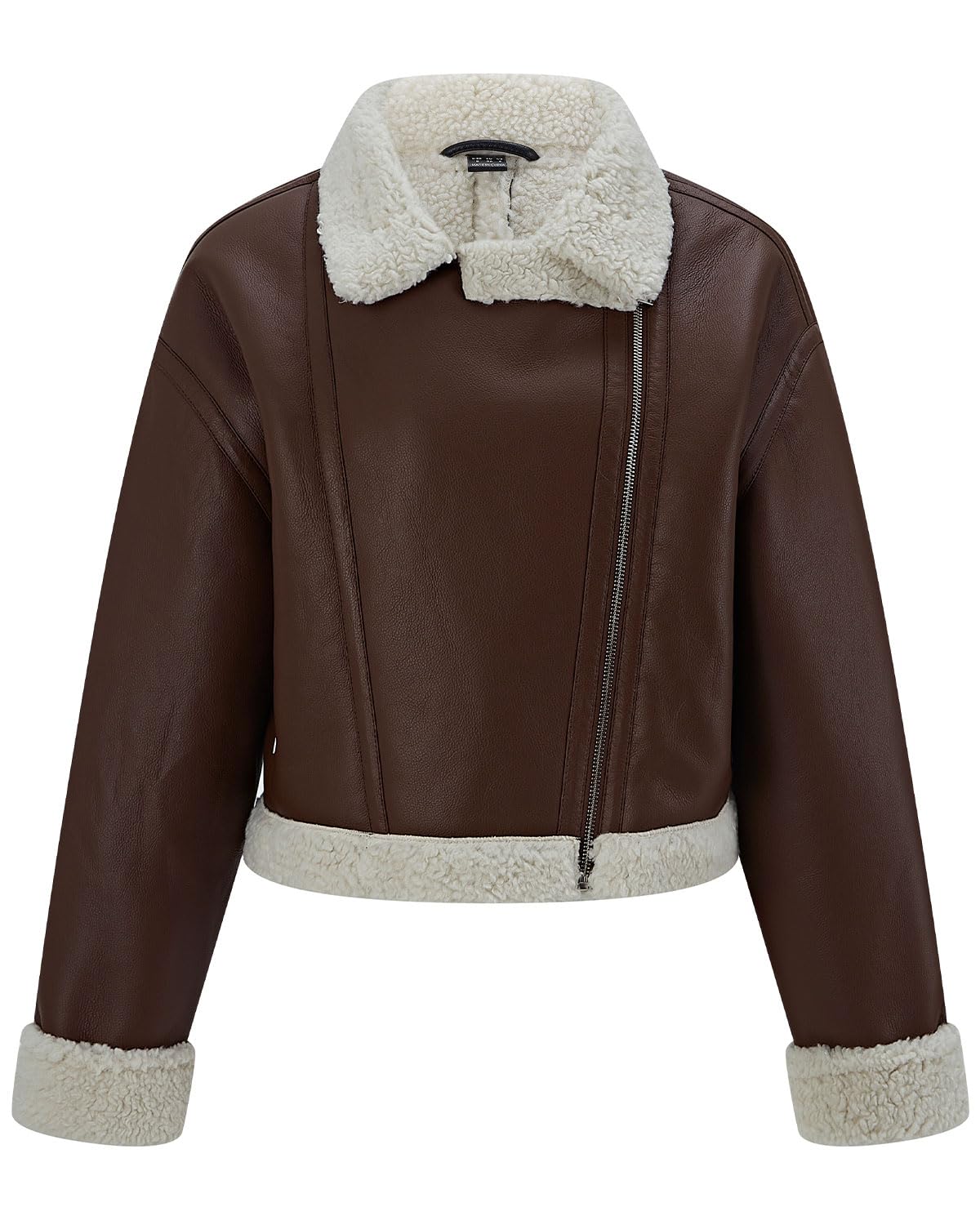 WYOYW Women Faux Fur Leather Jacket Loose Sherpa Leather Jacket Cropped Fur Lined Shearing Coat Brown XL