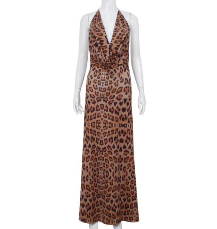 Women's Clothing V-neck Halter Bare Back Sexy Leopard Print Dress Slim Temperament