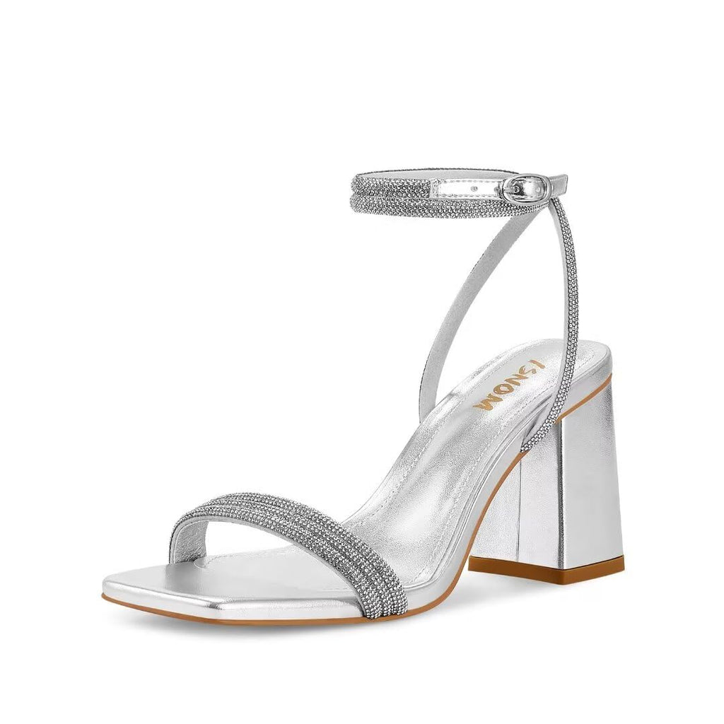 ISNOM Silver Rhinestone Heels for Women Silver Chunky Heels for Women Silver Strappy Heels for Women Silver Sparkly Heels Womens Rhinestone Heels Rhinestone Sandals Silver Strap Heels Size 6