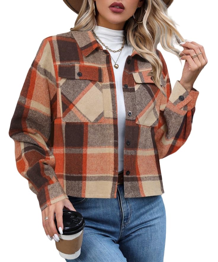 Dookttker Women Jacket Cropped Flannel Plaid Button Down Wool Blend Shirt Fashion Casual Cozy Shackets Coat