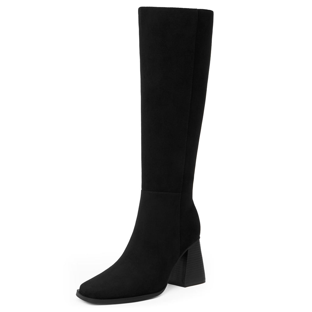 Easyfox Black Suede Boots Women Knee High Fall Boots for Women Square Toe Chunky Heel Black Fall Boots Women Winter Long Boots for Women Black Knee High Boots Size 6