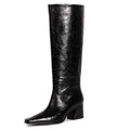 COMJUY 2" Black Textured Knee High Boots Women Low Heel Kitten Heel Knee High Boots for Women Pull on with Block Heel Square Toe Flat Tall Boots Riding Boots Women Gogo Boots Faux Leather Size 6