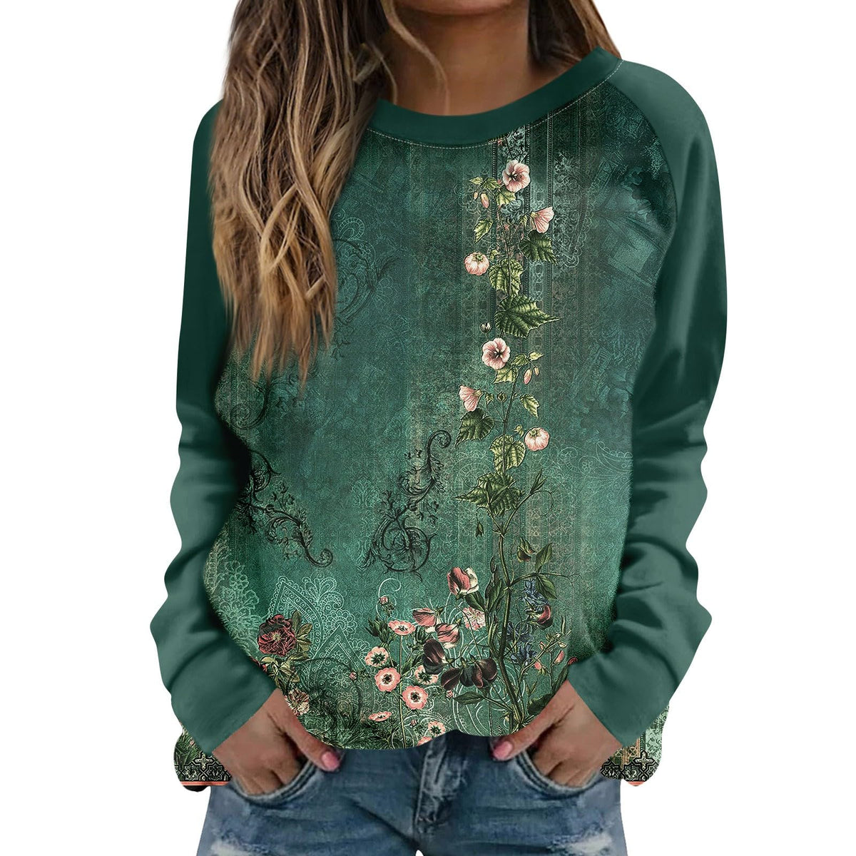 Crewneck Sweatshirts Women Womens Sweatshirts Sweatshirt for Womens Fashion Long Sleeve Crewneck Basics Tops Floral Print Trendy Cute Clothing Sherpa Overalls Women Dark Green XL
