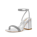 ISNOM Silver Rhinestone Heels for Women Silver Chunky Heels for Women Silver Strappy Heels for Women Silver Sparkly Heels Womens Rhinestone Heels Rhinestone Sandals Silver Strap Heels Size 6